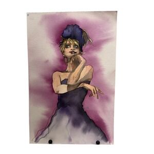 Original Watercolor Fashion Illustration Portrait Purple Gown Fascinator Art